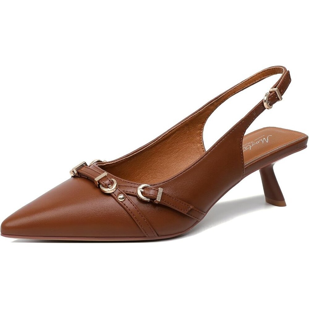 Women's Brown Pointed Toe Pumps Patent Leather Slingback Heels With Buckles